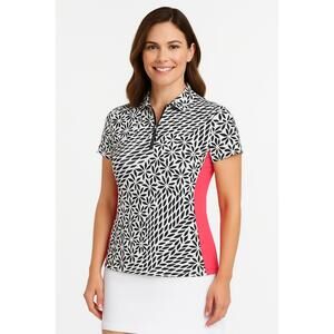 Tail Black White Coral Geometric‎ Pattern Short Sleeve Collared Shirt XS